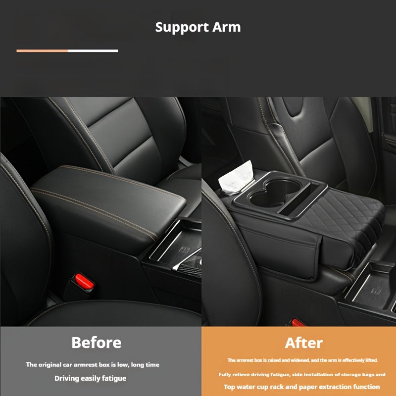 Faux Leather Car Armrest Storage Box Universal Fit All-Season Organizer for Water Cups Phones Tissues