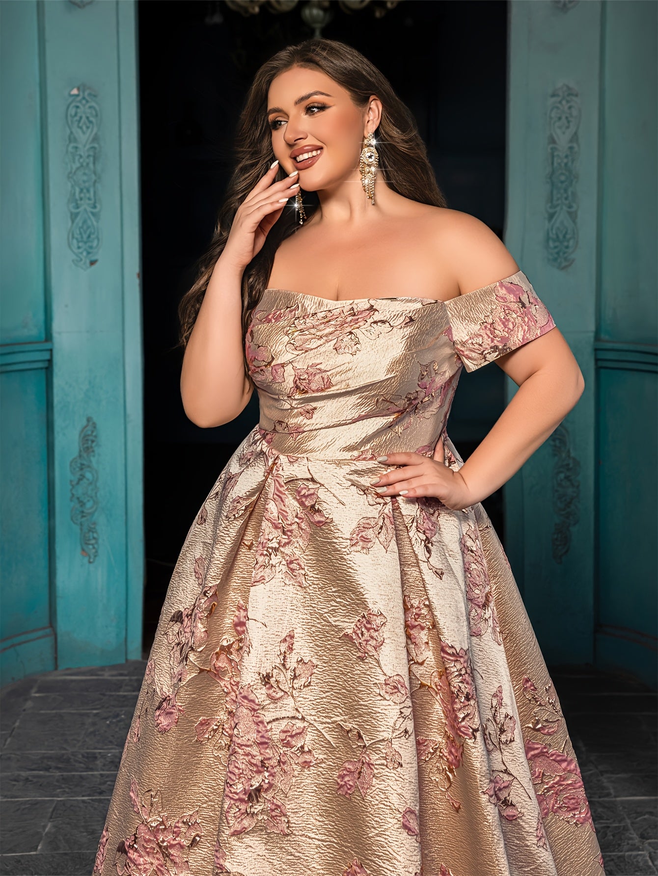 Plus Size Off-Shoulder Formal Evening Gown Floral Print Mermaid Bridal Dress