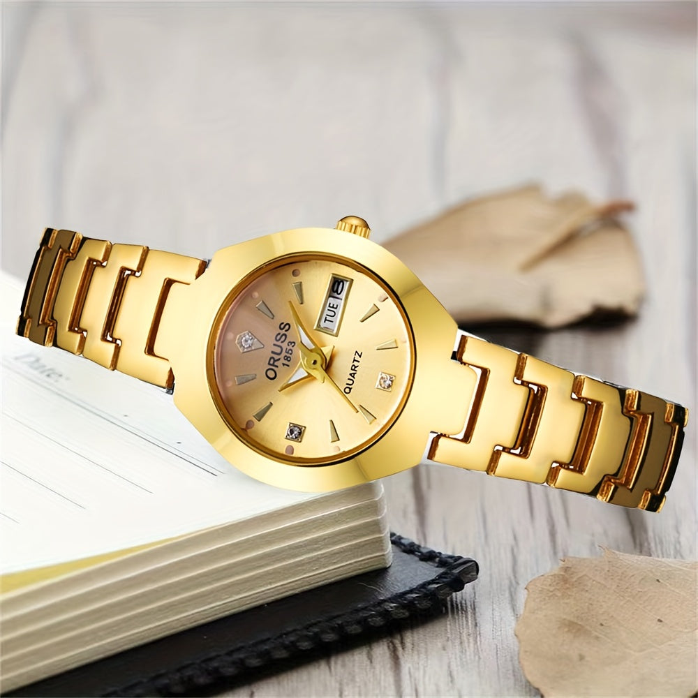 Women's Rhinestone Quartz Watch with Calendar Round Analog Display