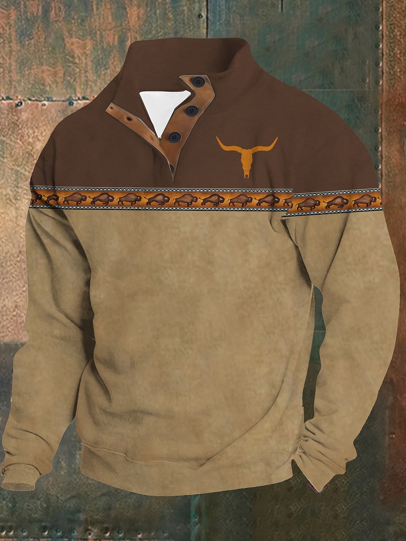 Мужской винтажный спортивный топ с длинным рукавом большого размера с аппликациями бизона и лонгорна