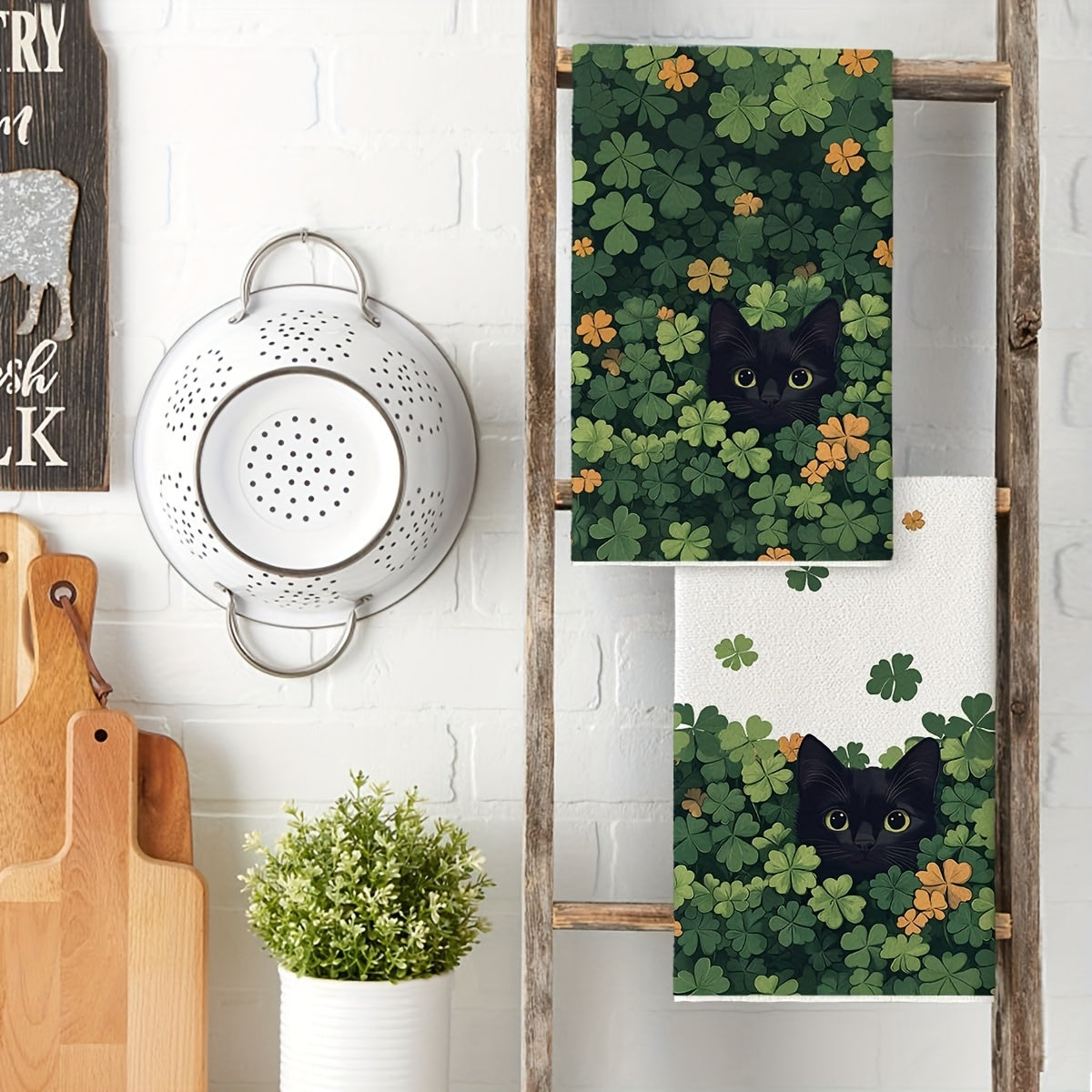 Black Cat Clover Kitchen Towels Set 40x60cm Farmhouse Holiday Hand Towels