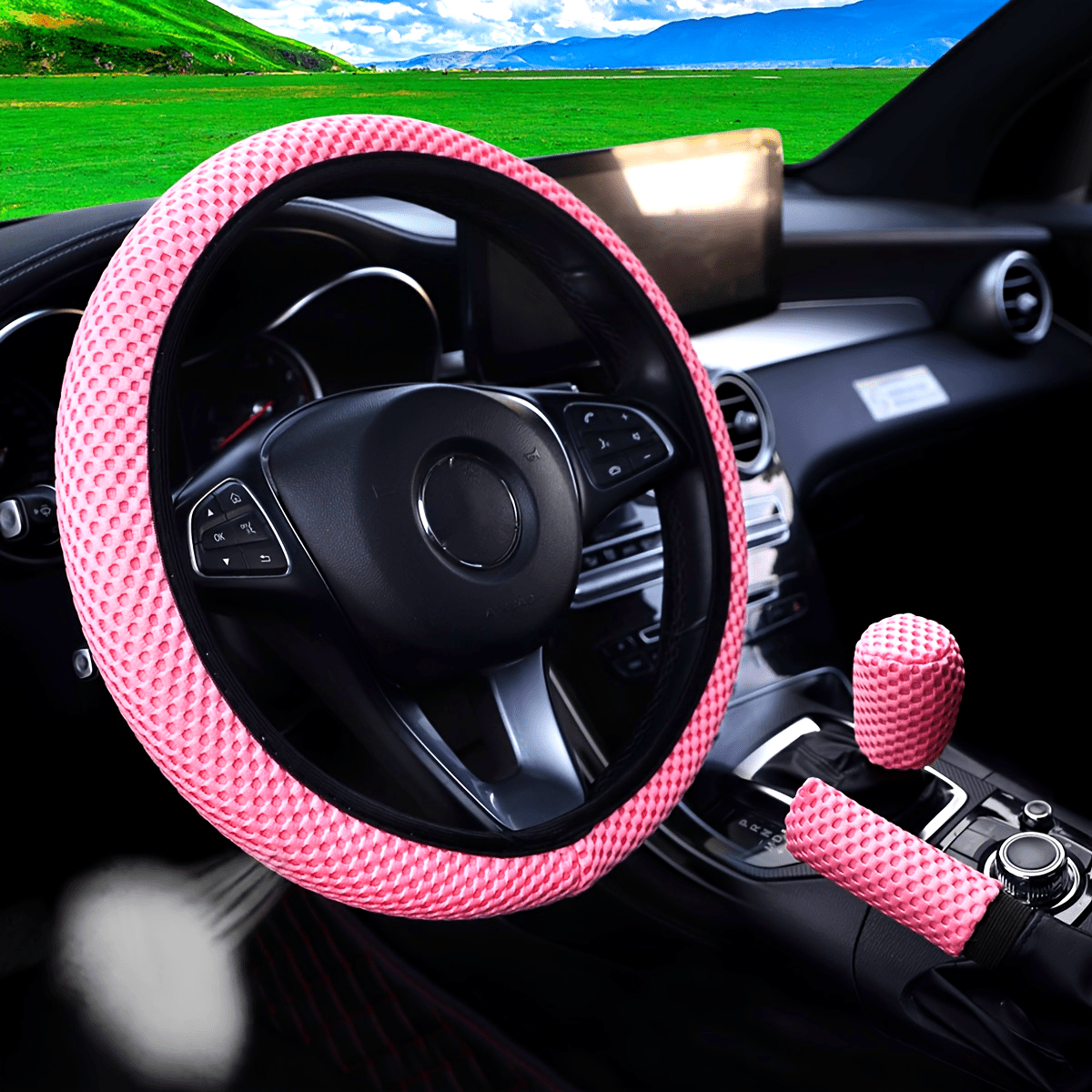 3pcs Breathable Mesh Car Steering Wheel Cover Anti-slip Sweat-absorbing 35-38cm