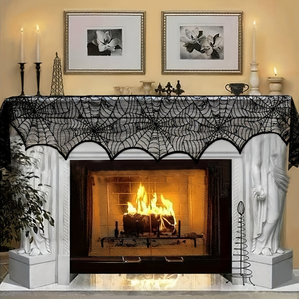 Black Lace Fireplace Scarf with Spiderweb Design, 50.8x200.66 cm, Halloween Decor