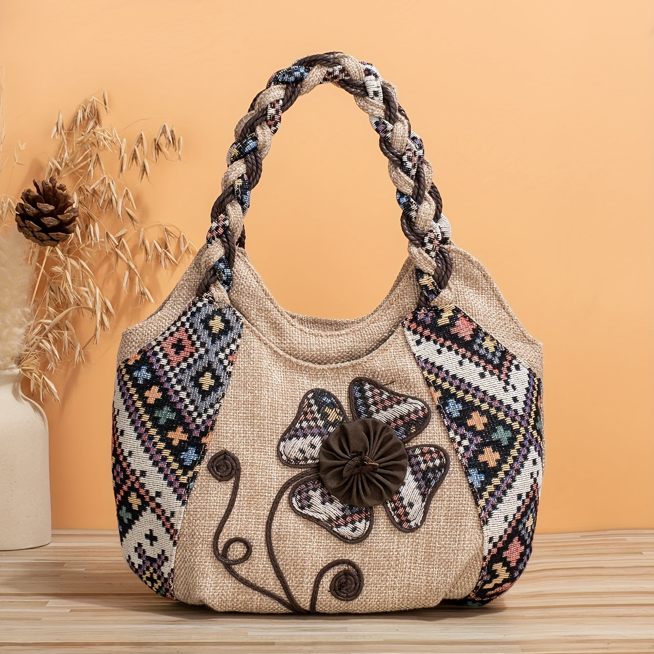 Handmade Floral Toiletry Bag with Braided Handles Multiple Compartments Zipper Closure