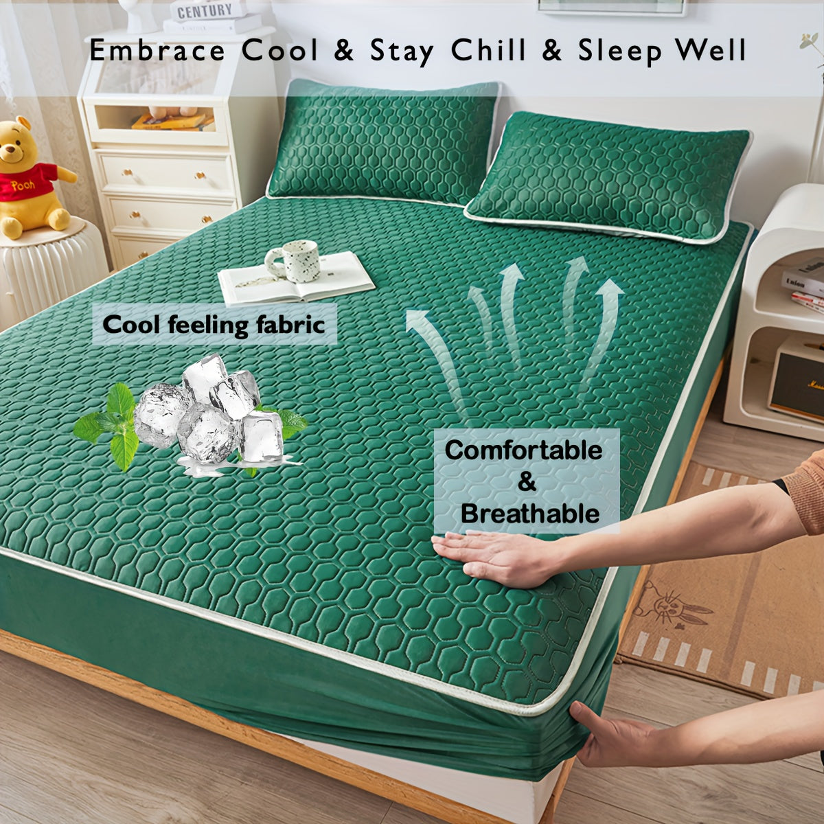 Muz his-tuyg'usi dizayni bilan Lateks Cool Matras Qoplamasi, Bir xil rang, Mashinada yuvish mumkin, Qalin tikilgan ip. Yotoqxonalarga, Talabalar yotoqxonalari, Mehmonxonalar uchun mos. Yostiq qoplamalari kiritilmagan.