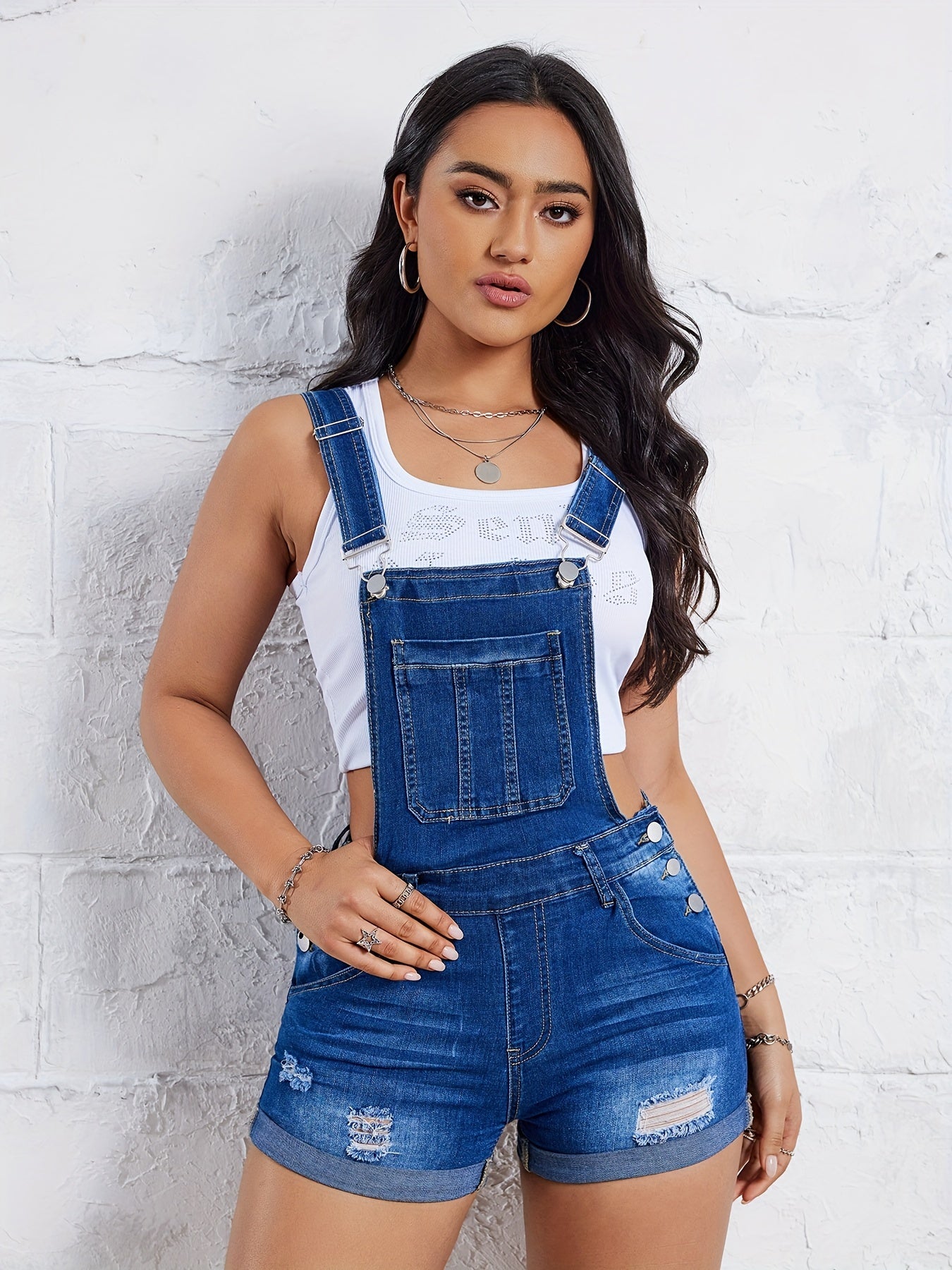 Women Plus Size Denim Ripped Shorts With Elastic Waistband