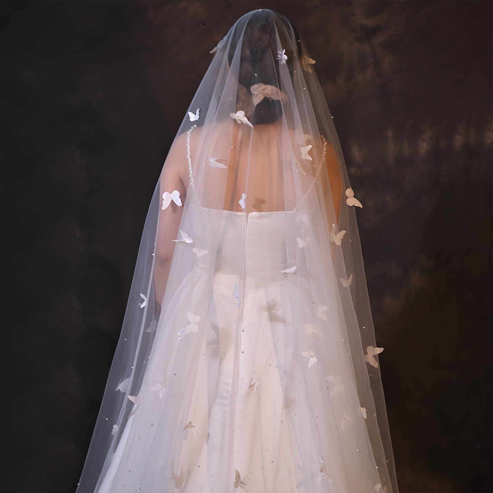 Wedding Veil Beaded Butterfly Cathedral Length Nylon Bridal Accessory