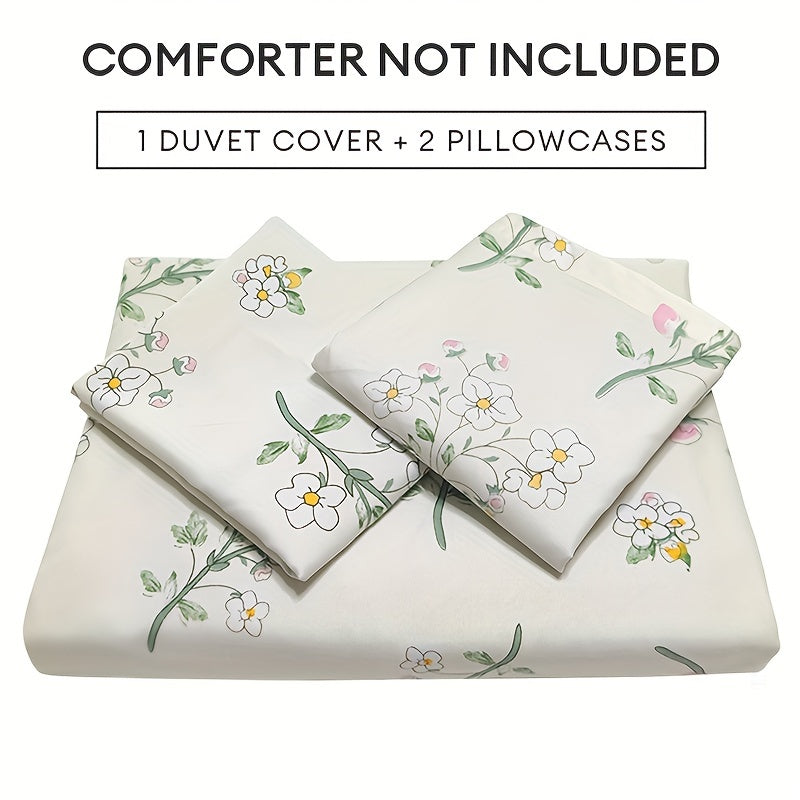 Set of 3 Floral Duvet Covers with Green Leaves and White Flowers Hypoallergenic Bedding
