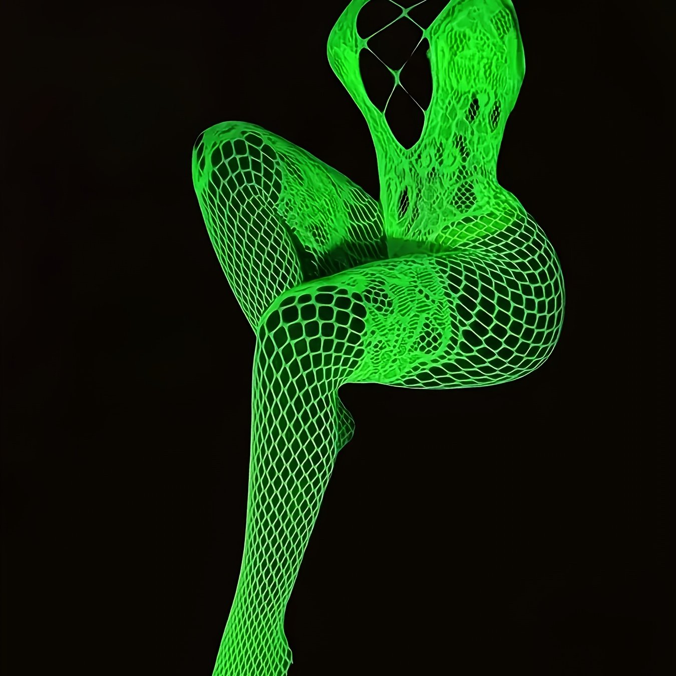 Ayollar uchun Neon yashil tarmoq bodysuit bo‘laklar va cho‘ziladigan qulaylik bilan