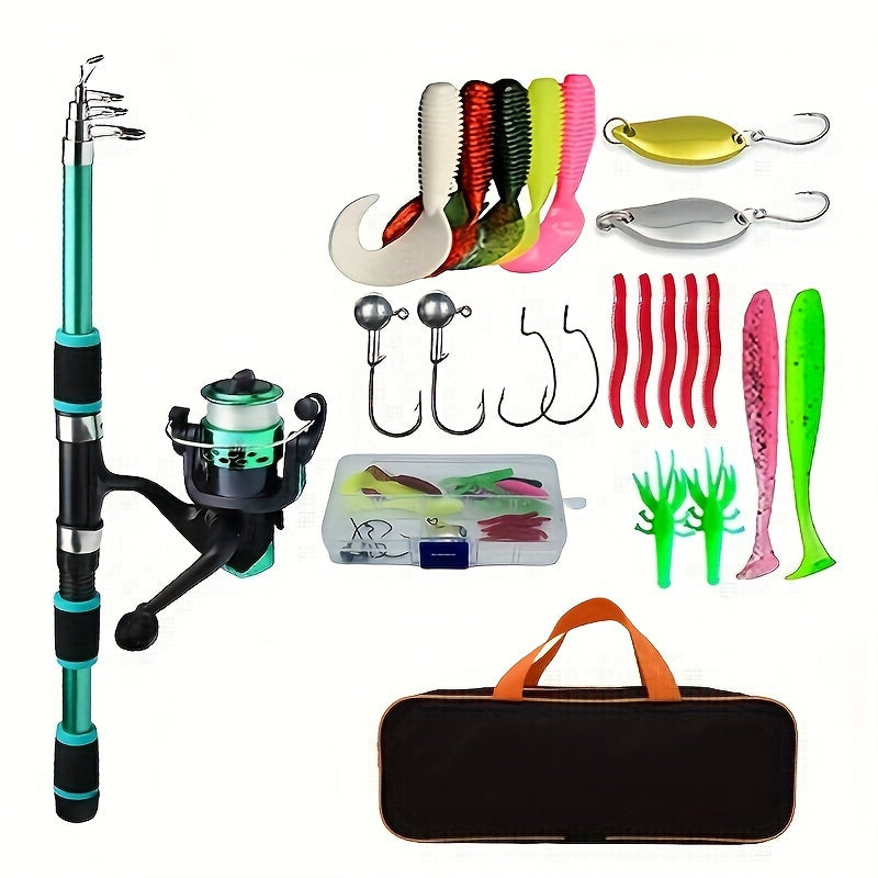 Telescopic Fishing Rod and Spinning Reel Set with Baits Hooks and Storage Bag