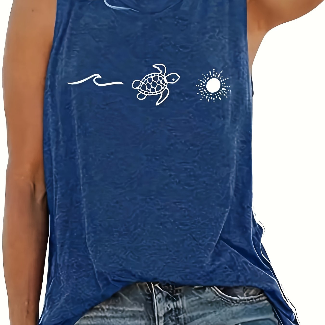 Plus Size Women's Cotton Turtle Neck Sun Print Tank Top