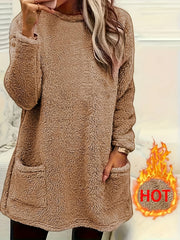 Adult Fleece-Lined Crew Neck Sweater with Pockets for Fall Winter Polyester Knit Solid