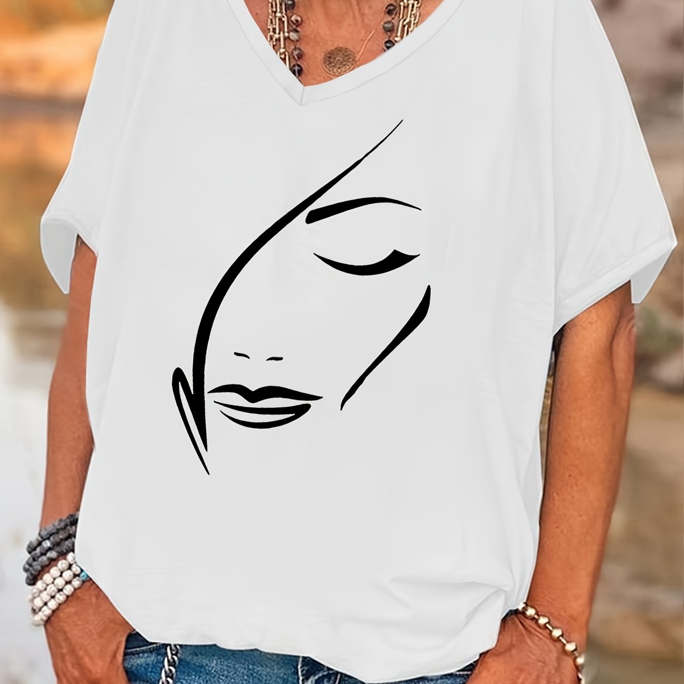 Plus Size Women's V-Neck Batwing Sleeve T-Shirt Casual Loose Fit All-Season