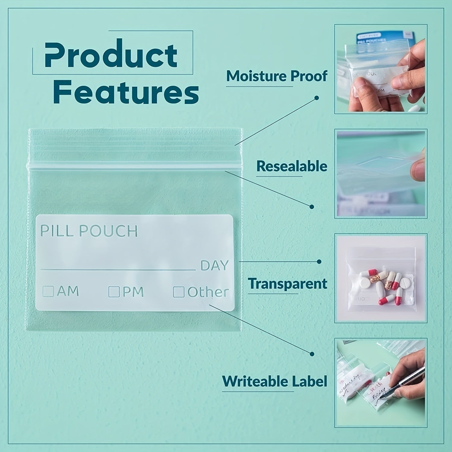 Bolsas organizadoras de pastillas sin BPA, tamaño de viaje, con cierre zip transparente, etiquetas para escribir, 120-500 piezas