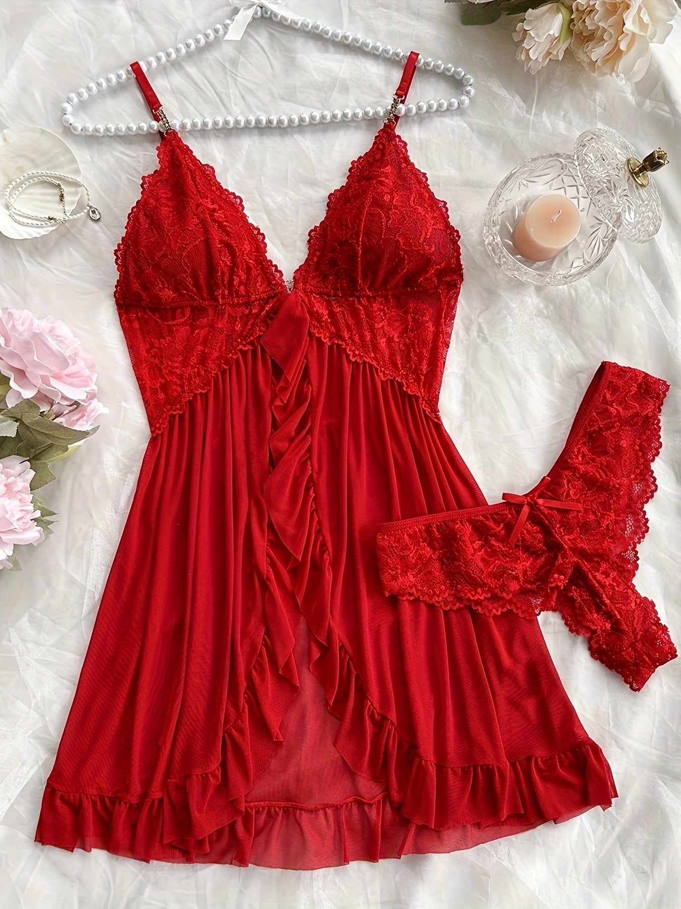 Women's Lace Slip Dress Pajama Set with V-Neck Backless Ruffle Hem and Shorts All-Season Breathable Polyester Blend