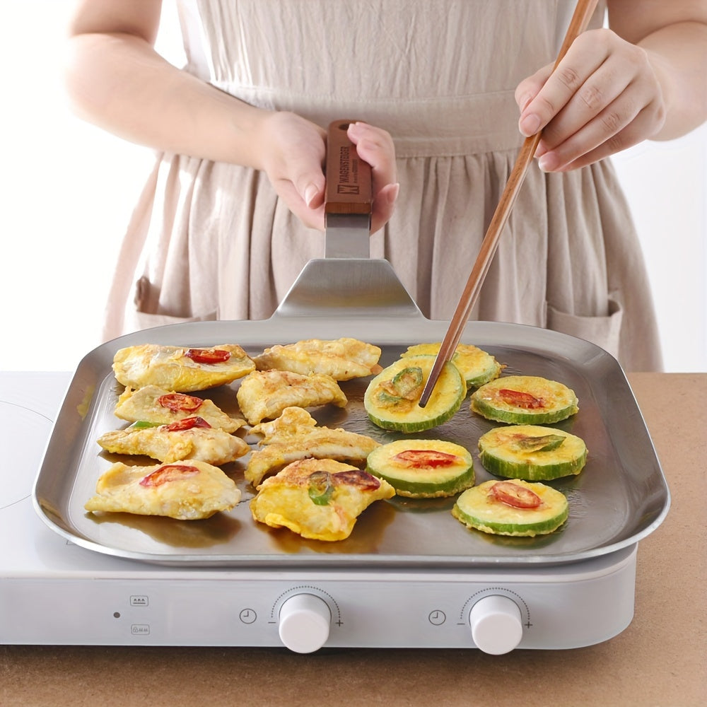 Квадратная сковорода с тройным слоем нержавеющей стали - 29*29 см, с деревянной ручкой, плоским дизайном для жарки стейков и яиц, идеальна для домашнего и уличного использования, высококачественная посуда с равномерным нагревом и долговечностью.