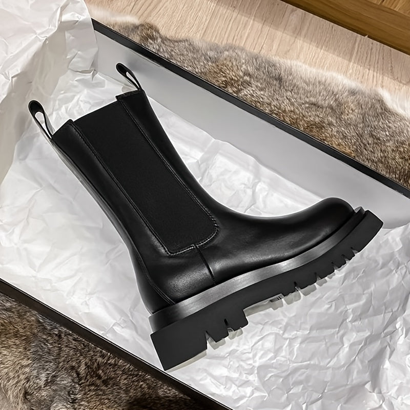 Women's Black Chelsea Boots with Thick Sole and Mid-Heel