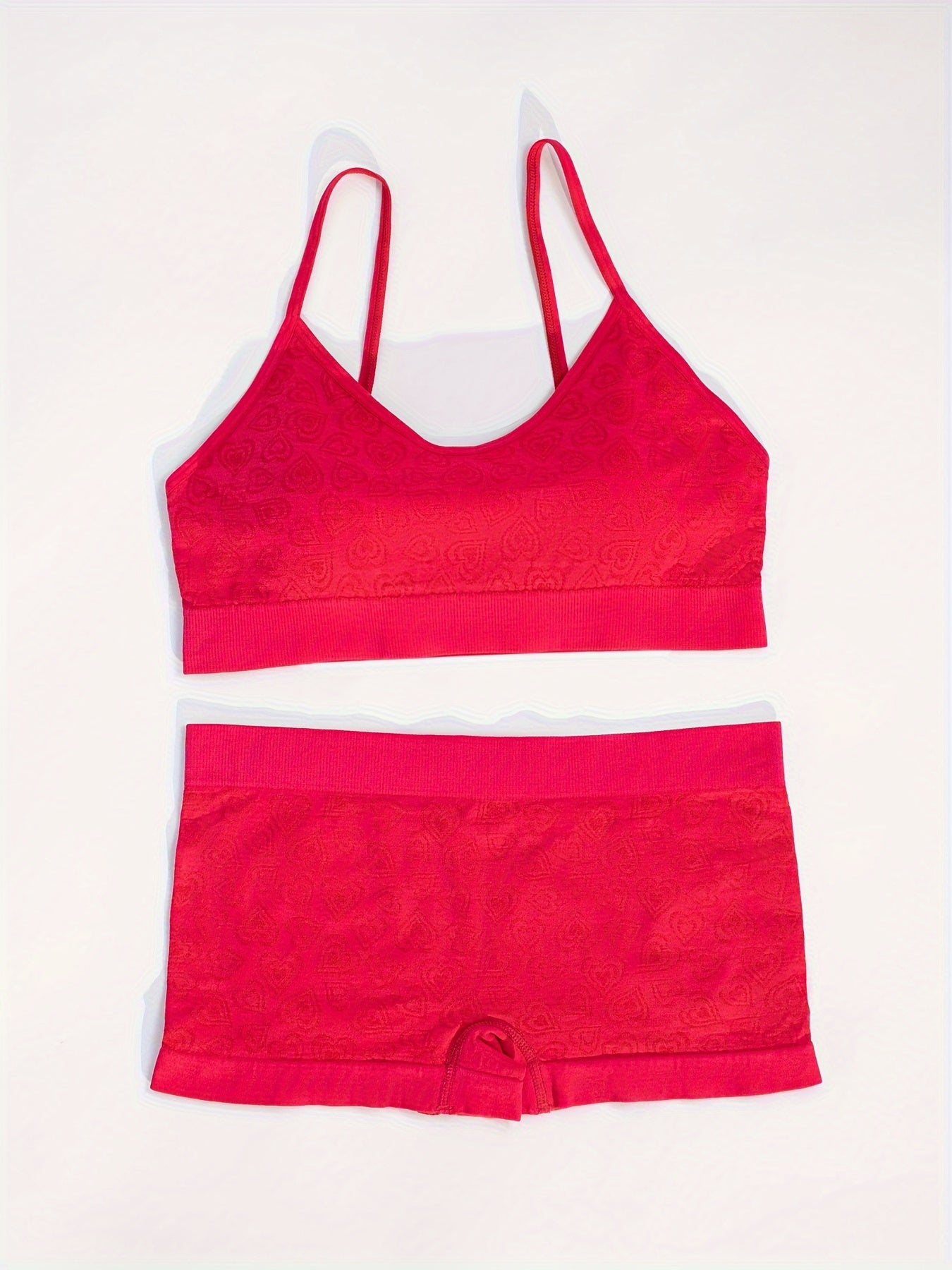 Women's Lingerie Set with Red Heart Design, Adjustable Straps, Stretch Boxer Panties