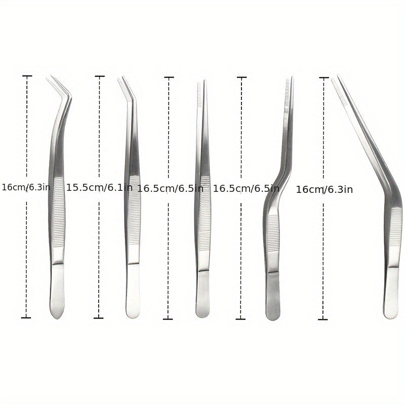 Set of 5 Stainless Steel Kitchen Tweezers for Cooking, Grilling, and Plating