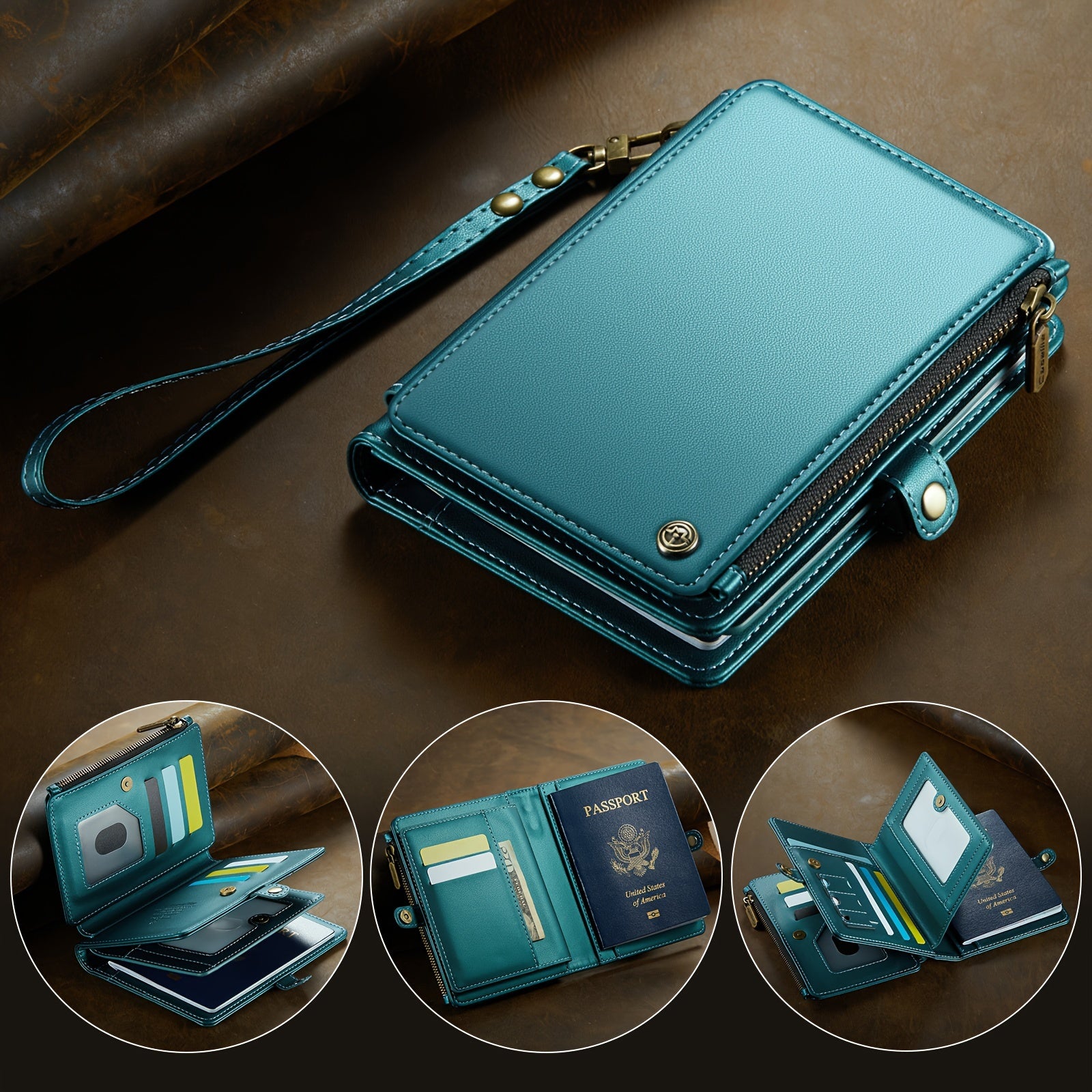 Faux Leather Passport Organizer with Zipper Coin Purse 11 Card Slots Cash Slots and Protective Cover