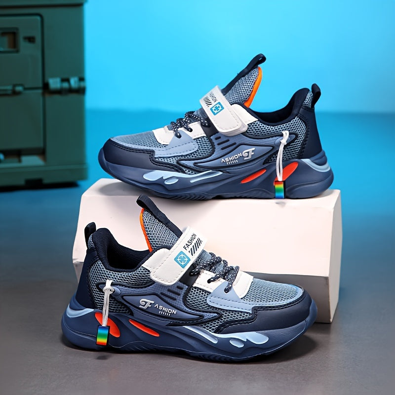 Boys' Breathable Running Sneakers with Geometric Pattern, Soft EVA Sole, Hook-and-Loop Closure