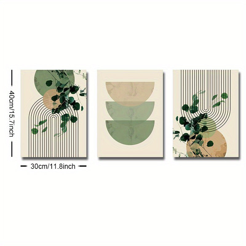 Set of Three Eucalyptus Leaf and Geometric Wall Art Prints for Living Room Decor