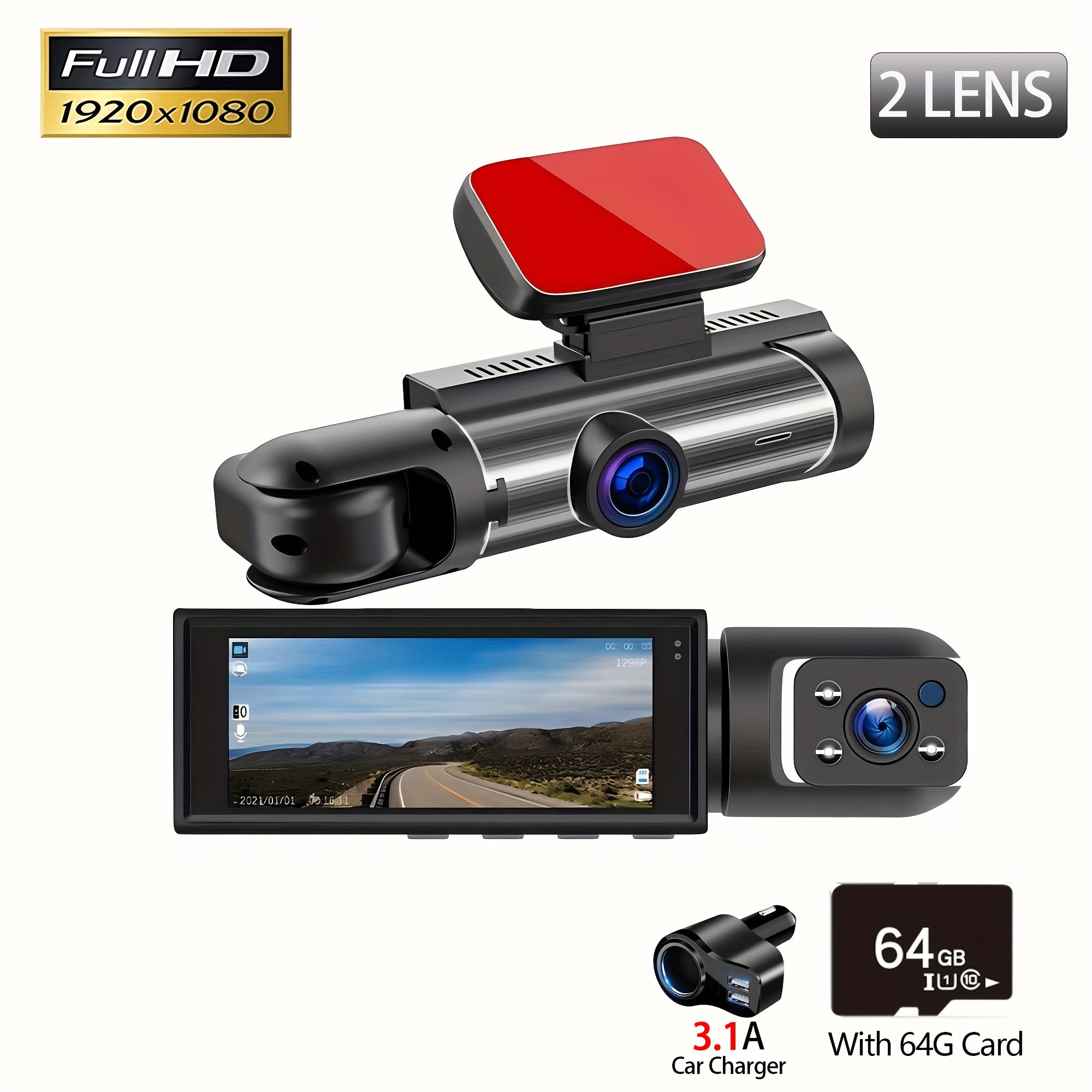Upgraded Car Dash Camera with 64G Memory Card Night Vision Dual Front Interior Recording