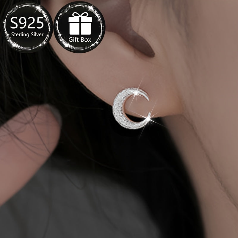 Sterling Silver Star and Crescent Moon Earrings for Women with Frosted Texture