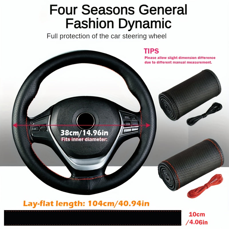 Universal PU Boshqaruv g'ildirak qoplamasi, chidamli, tutqichli, qizil tikuvlar, 38cm, avtomobil aksessuari