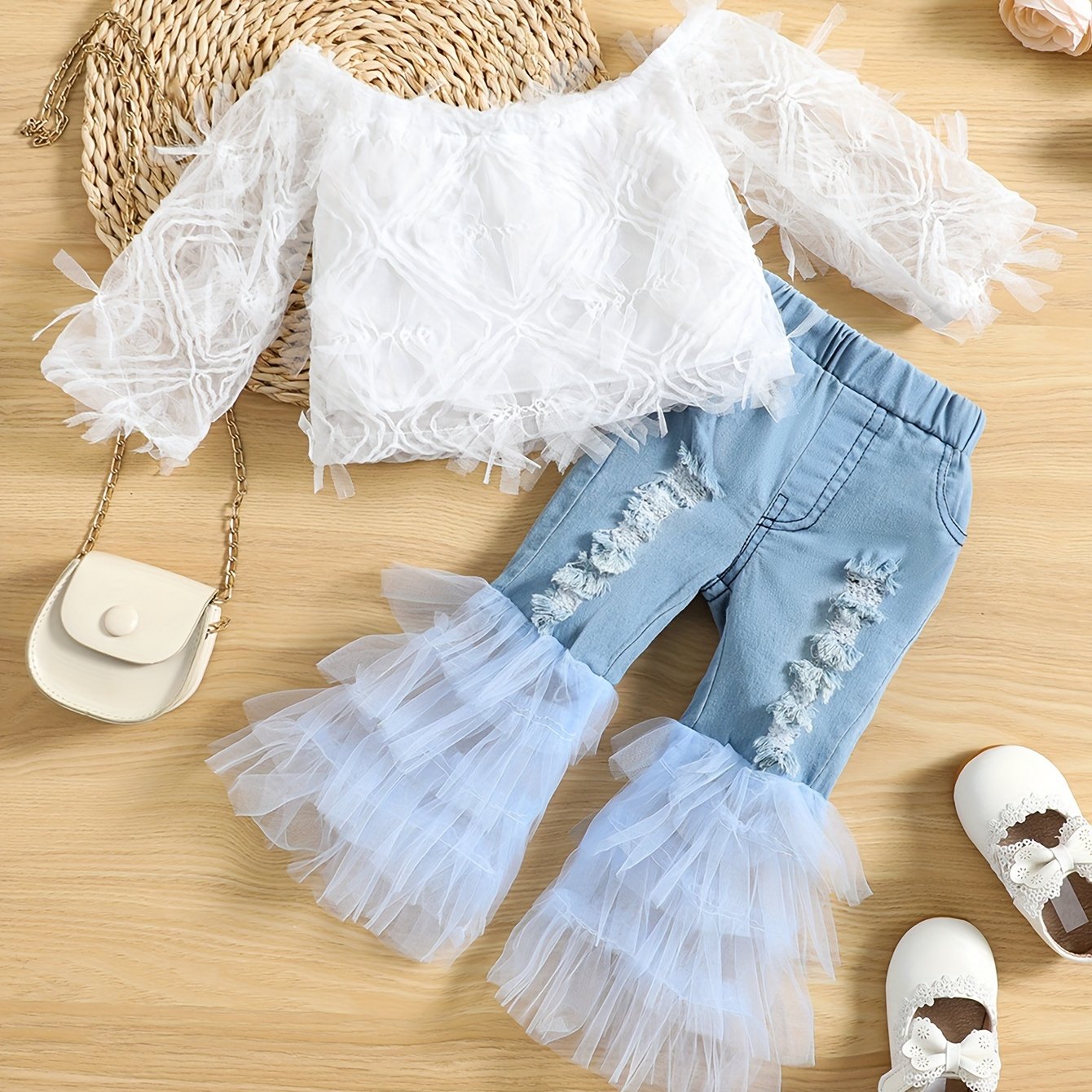 Girls Summer Outfit Off-Shoulder White Lace Top Blue Tulle Flared Pants Polyester