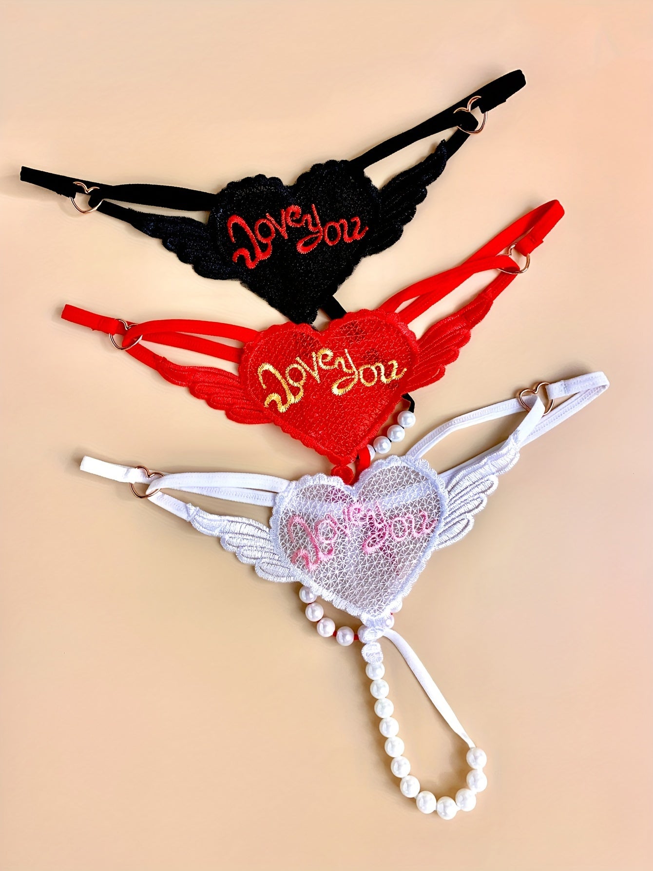 Women's Heart Chain Thongs Lingerie with Love You Embroidery Soft Polyester Spandex