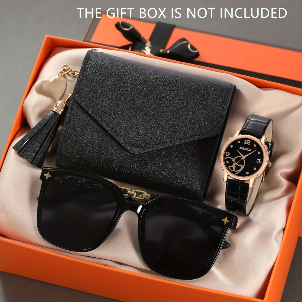 Women's Leather Watch Set with Wallet and Glasses, Quartz Dress Watch