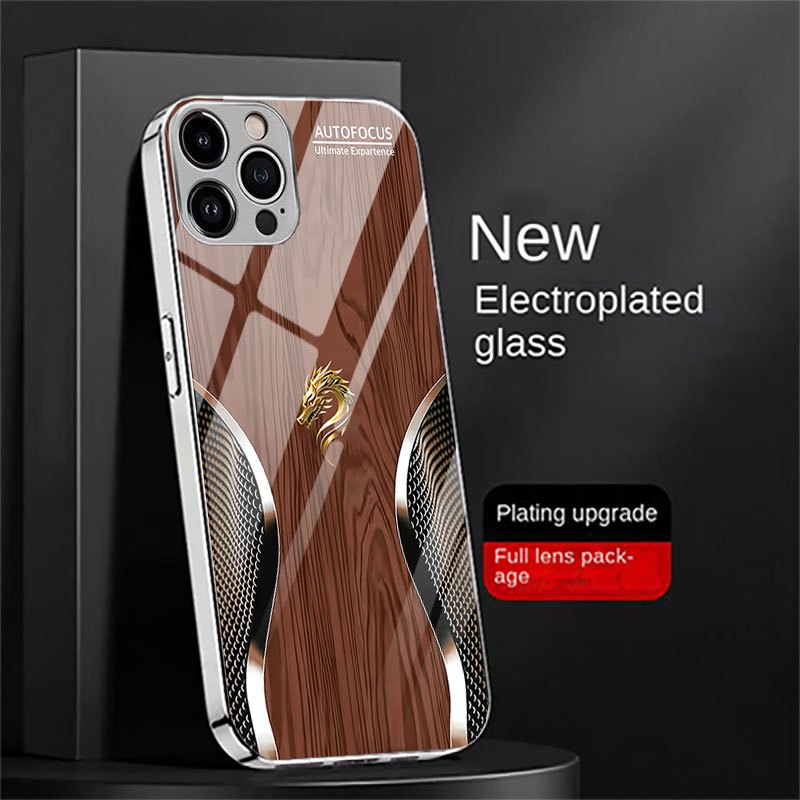 Wood Grain Dragon Pattern Phone Case for iPhone Models Tempered Glass Protective Cover