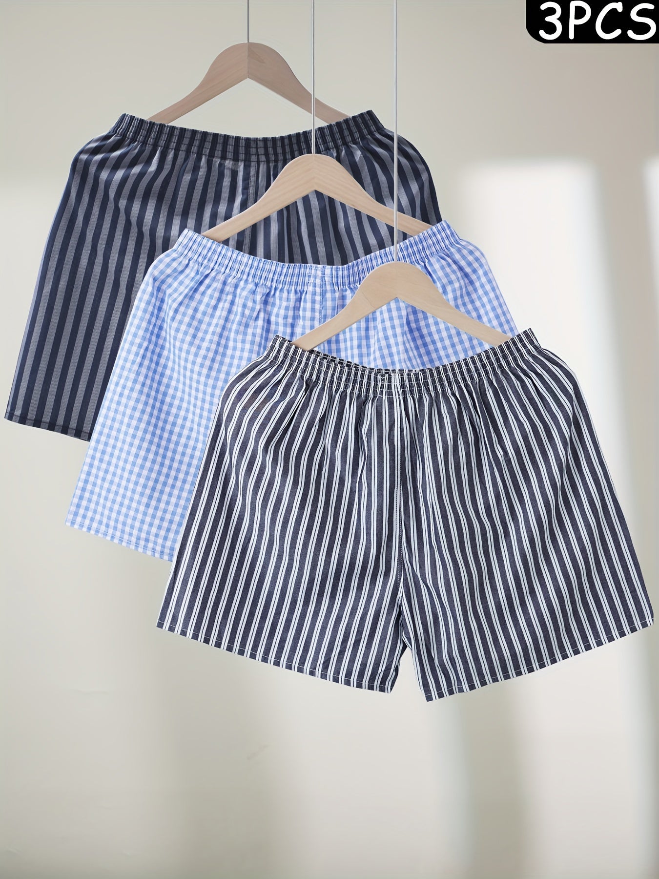 Men's Cotton Boxer Shorts 3 Pack Elastic Waistband Pockets Striped Plaid