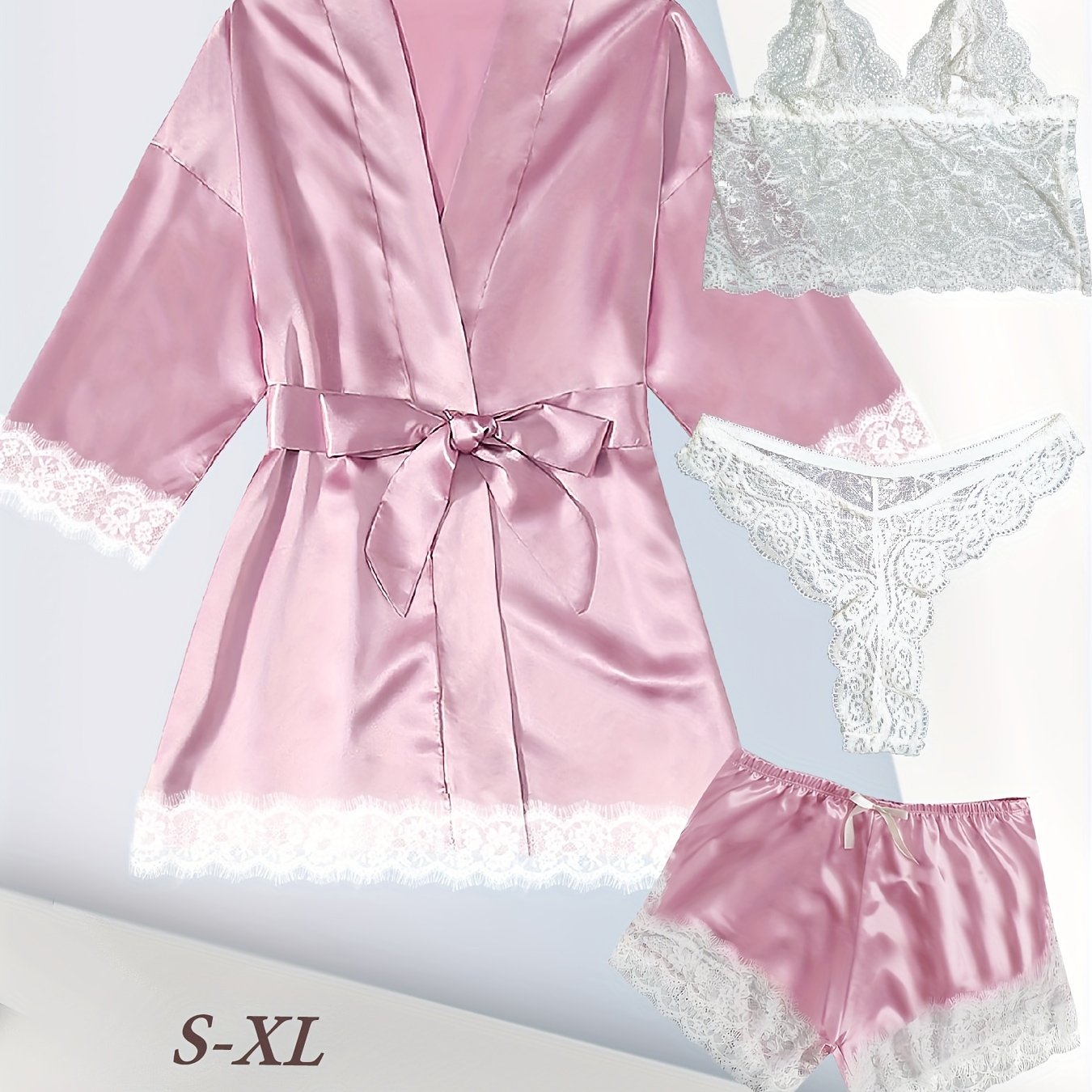 Women's Plus Size Satin Lace Nightgown Set With Camisole Shorts And Eye Mask