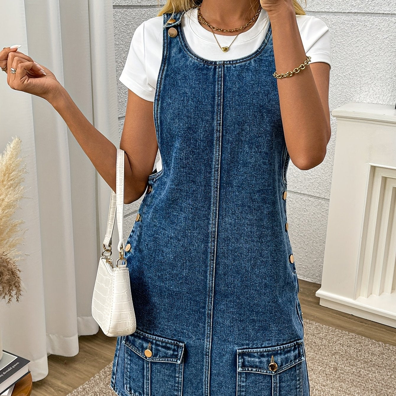 Women's Plus Size Denim Jumpsuit With Short Sleeve White T-Shirt Layer