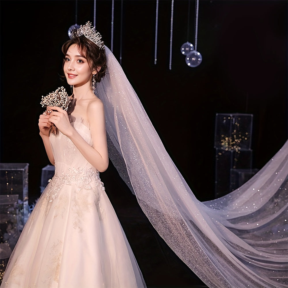 Bridal Veil with Gold Stampings Polyester for Weddings and Events