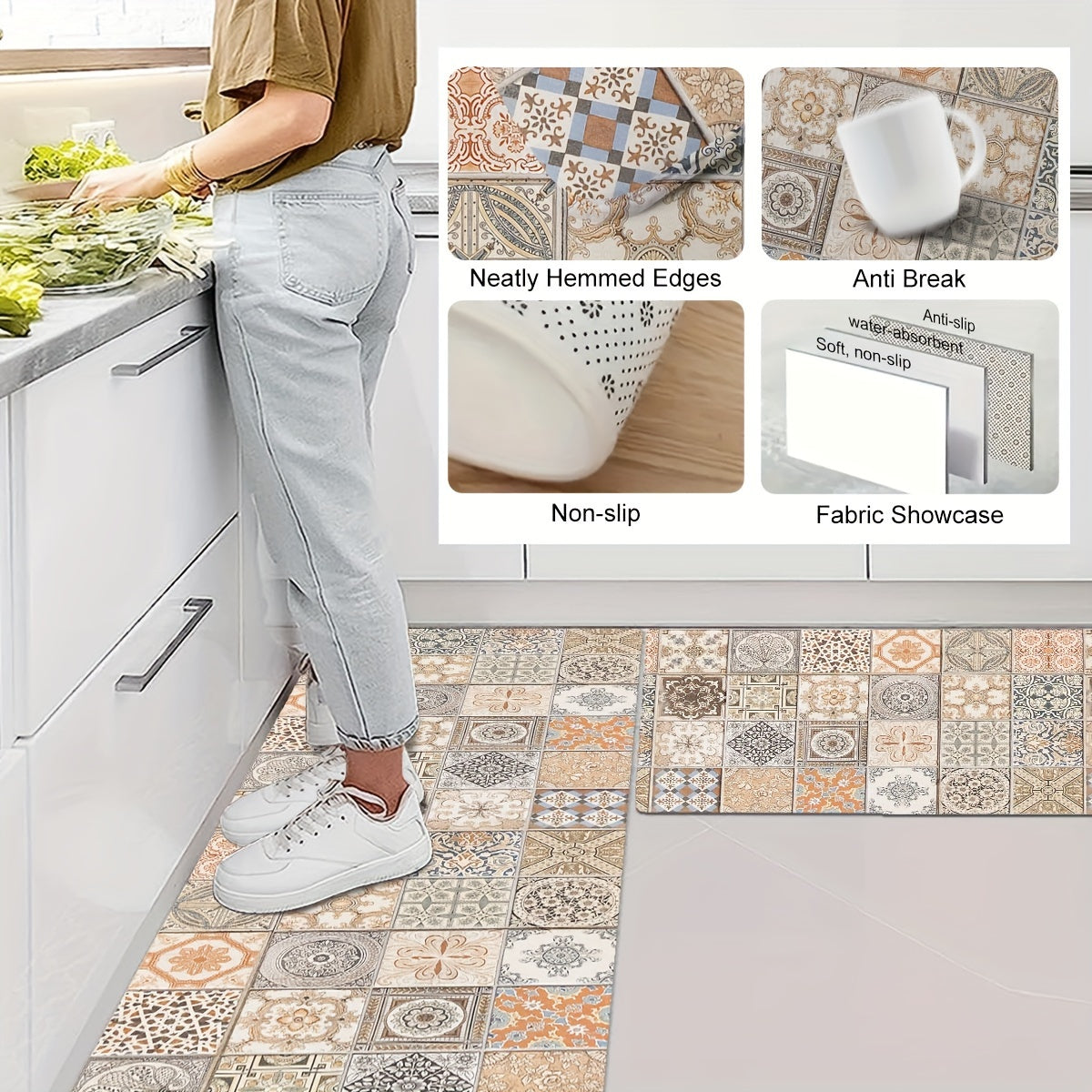 Bohemian Floral Kitchen Floor Mat Non-Slip Polyester Entrance Living Room Decor