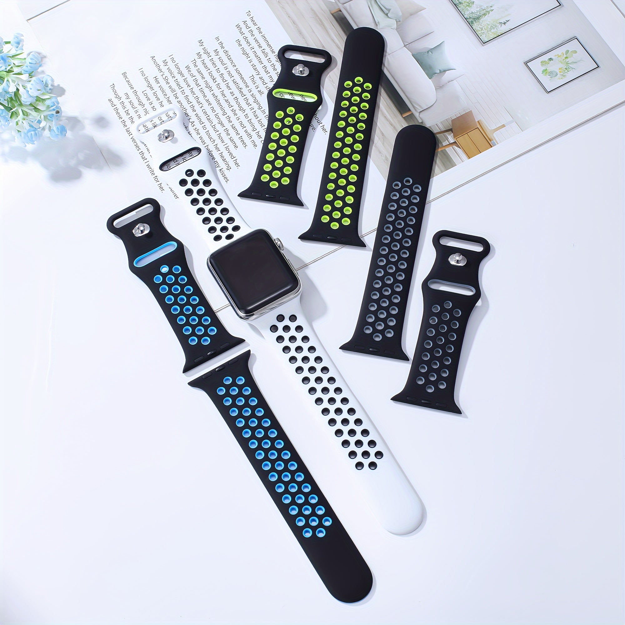 Breathable Silicone Sport Watch Band for Apple Watch 38mm-45mm Compatible with Series SE/8/7/6/5/4/3/2 in Grey and Black