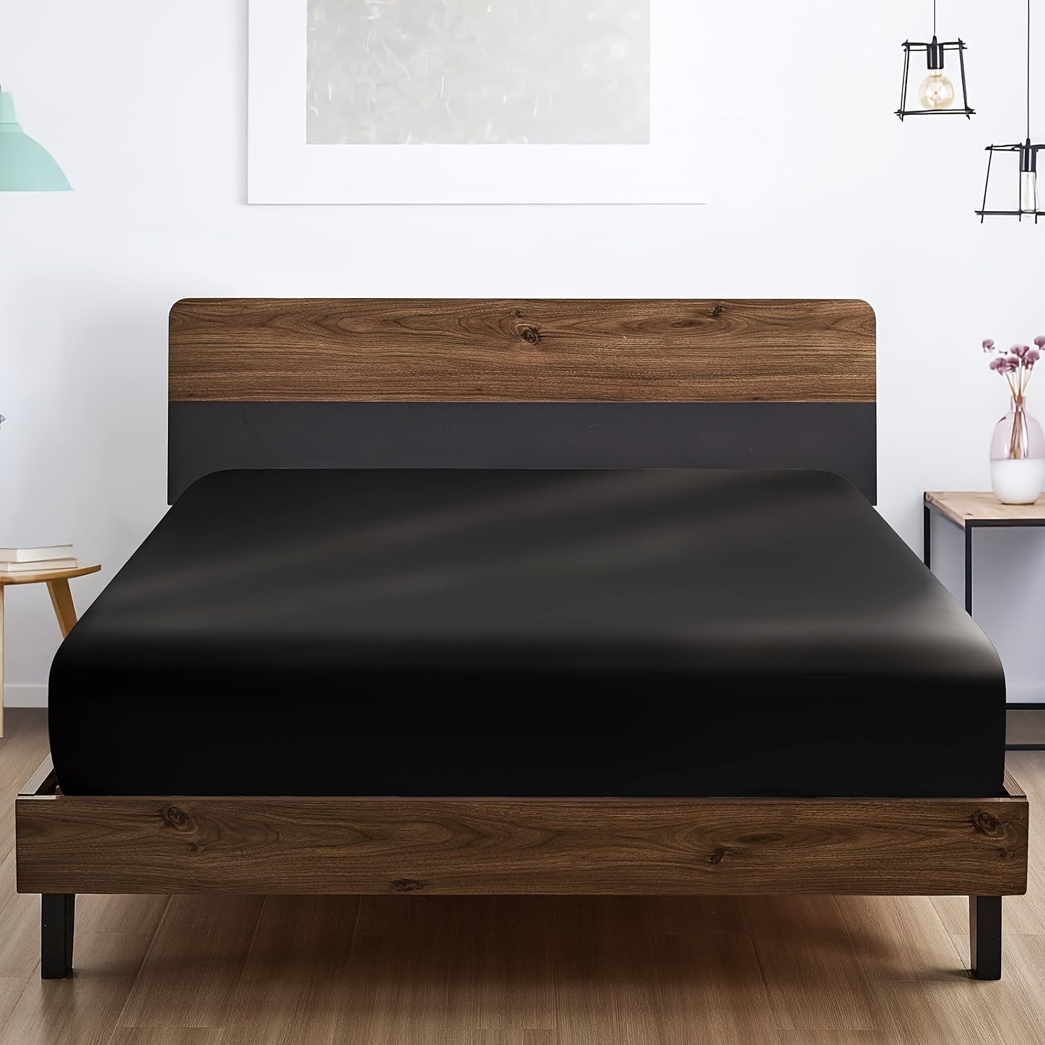 Queen Size Fitted Sheet Microfiber Breathable Deep Pockets Solid Black