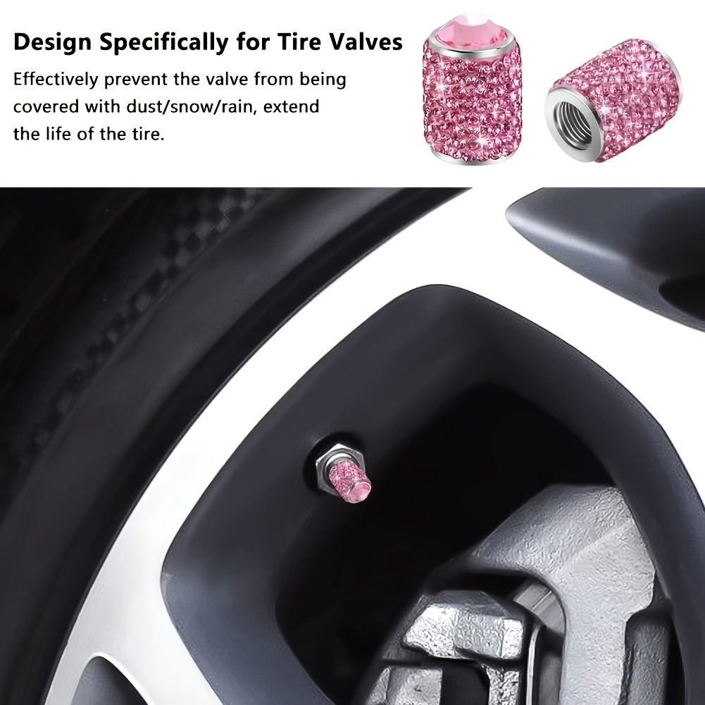4 Pcs Pink Crystal Rhinestone Car Tire Valve Stem Caps Universal for Cars Trucks