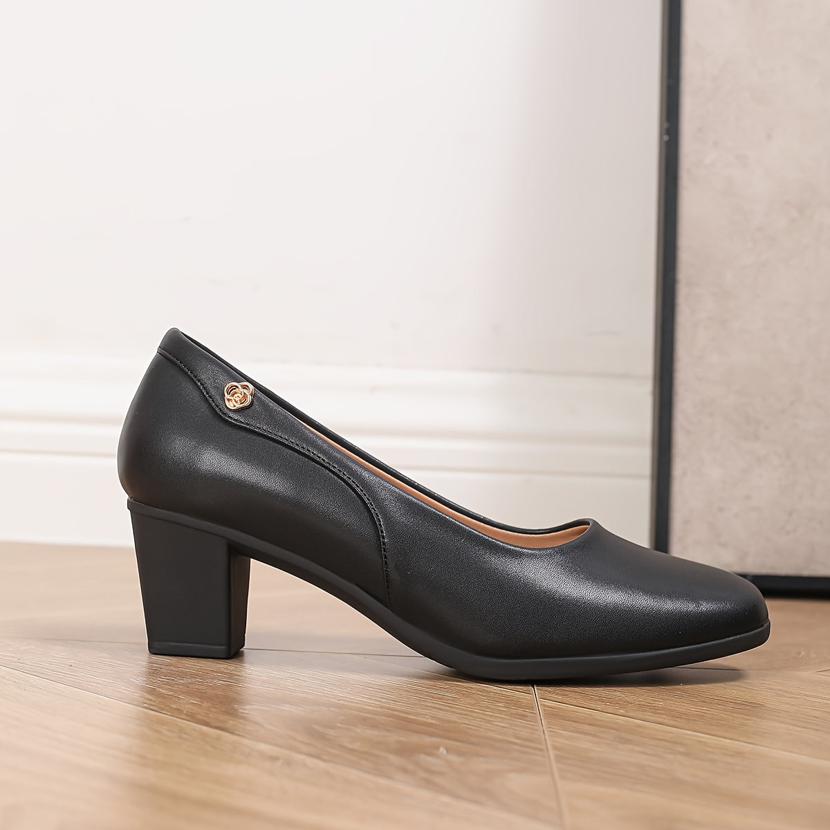 Women's Black Faux Leather Square Toe Pumps with Buckle, Mid-Chunky Heel