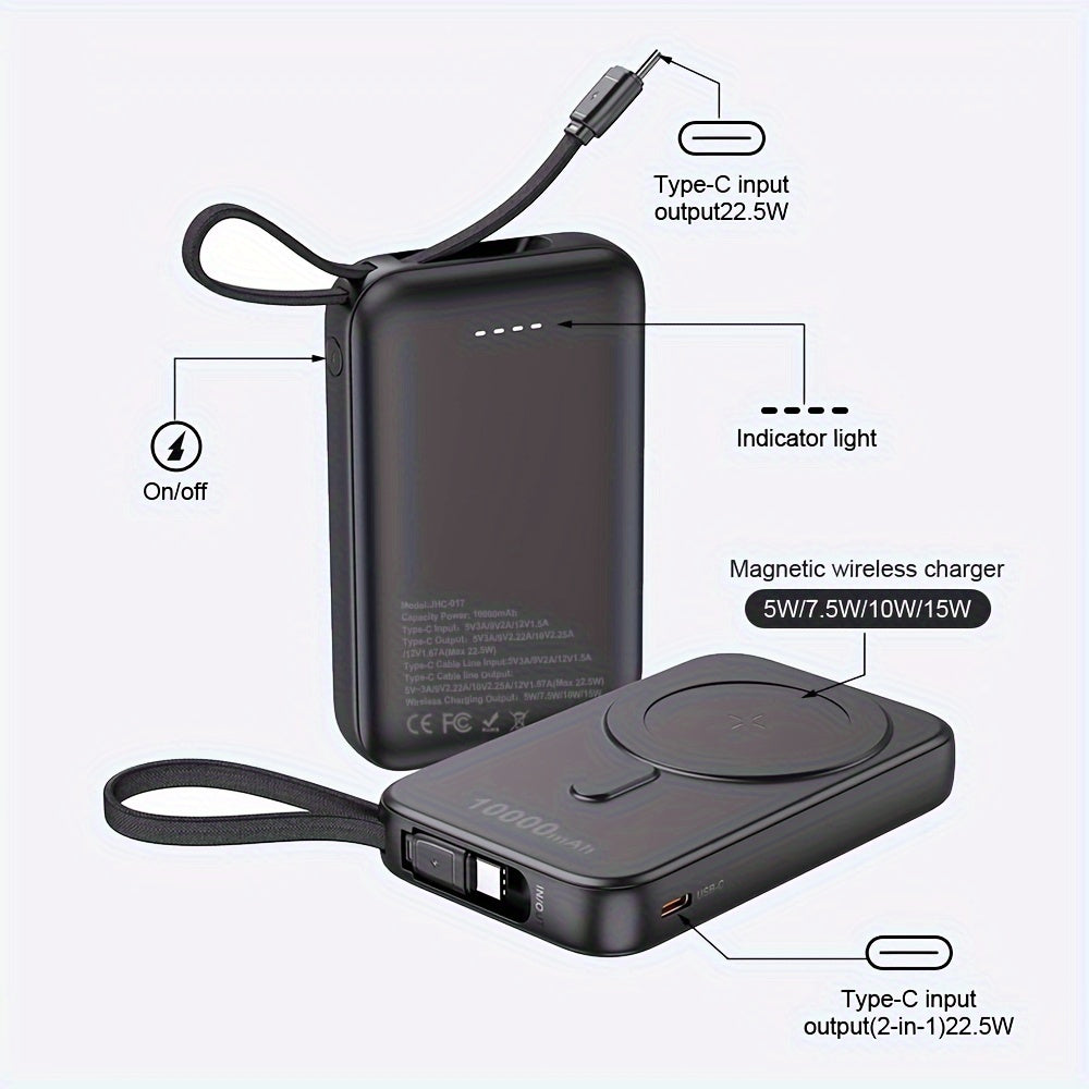 Wireless Power Bank 10000mAh Fast Charging Magnetic Suction with Nylon Cable