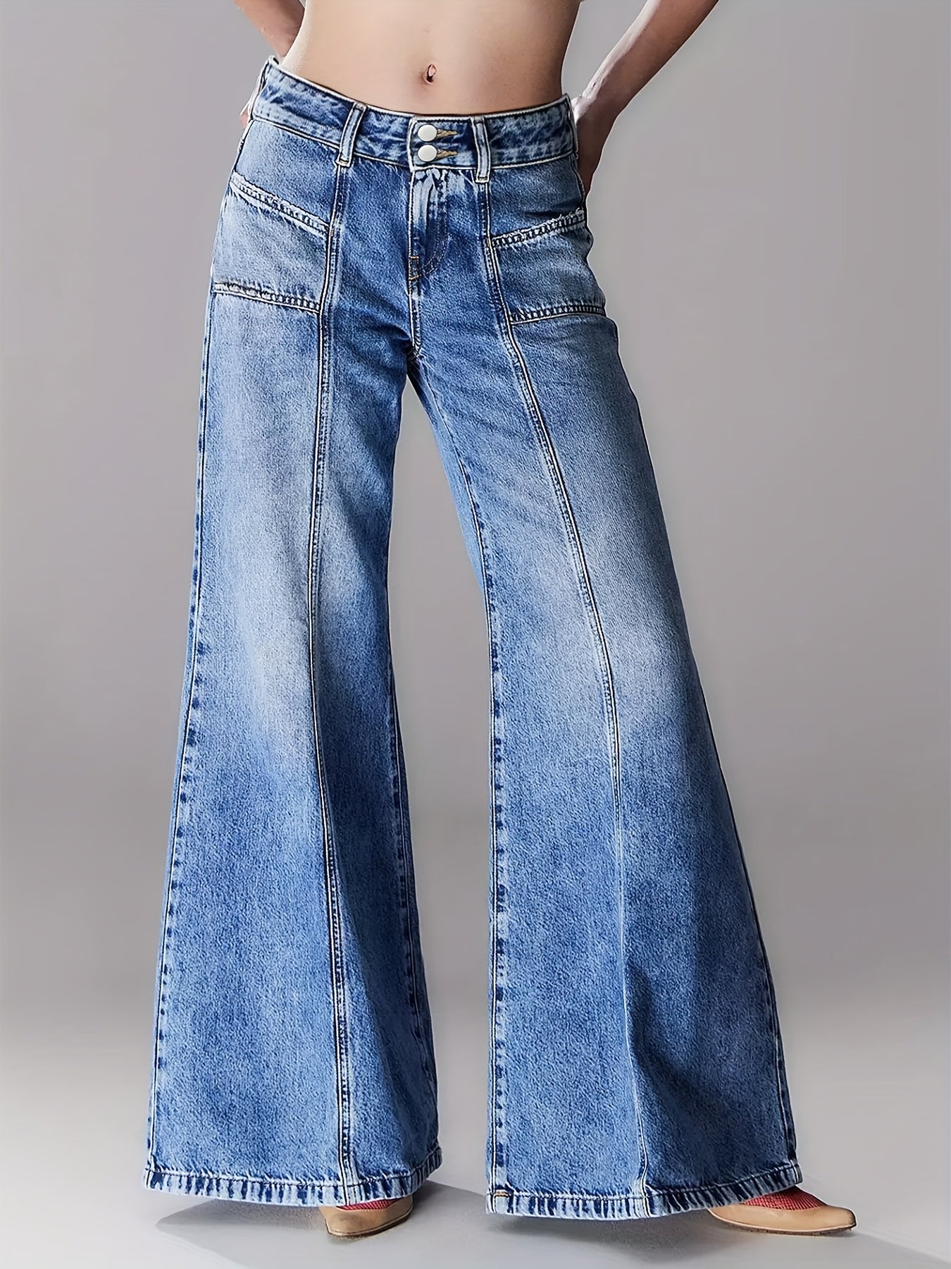 Jeans de mezclilla de pierna ancha de talla grande con cintura alta para mujer, casual, de color sólido, para todas las estaciones