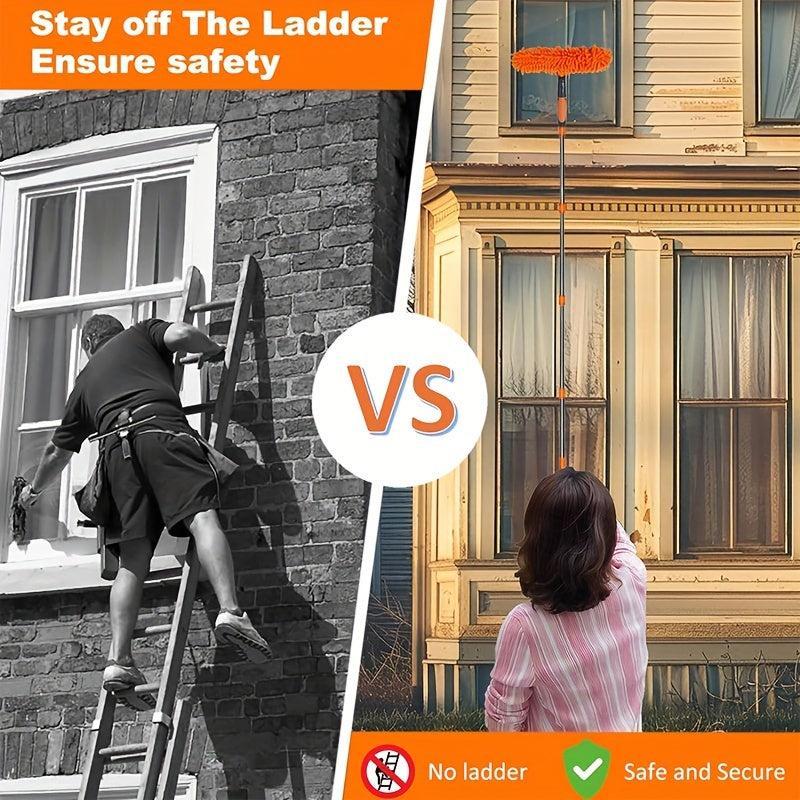 2-in-1 Window Cleaning Kit Telescopic Handle Microfiber Squeegee Orange