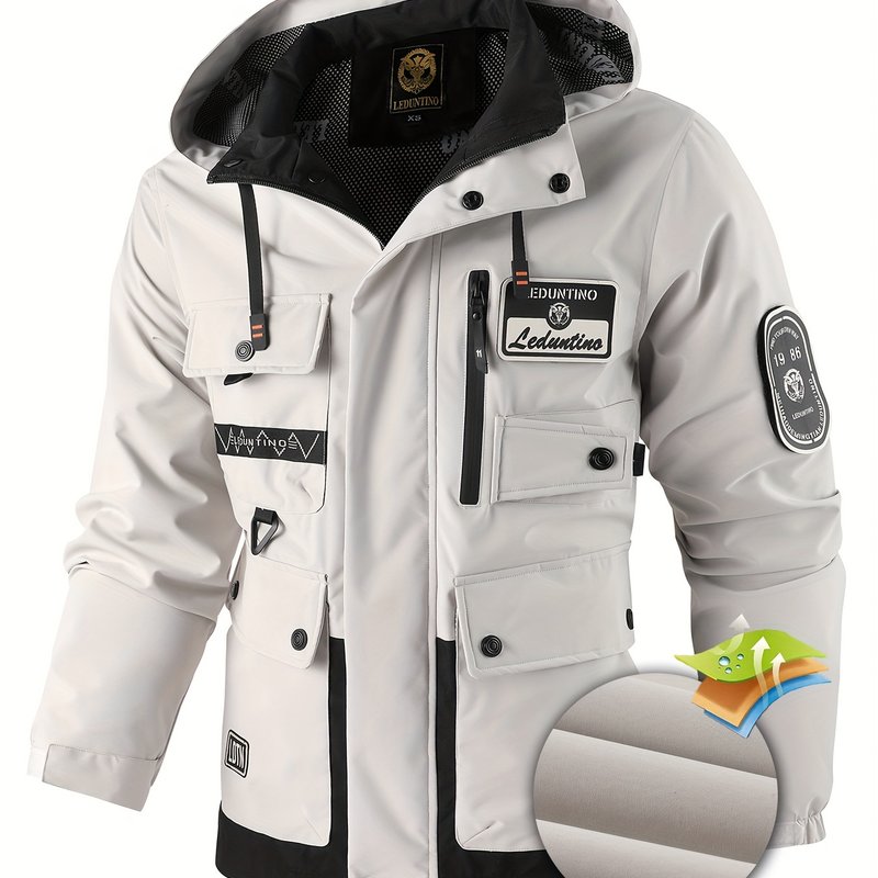 Men's Hooded Windproof Jacket with Detachable Hat Multi-Pocket Cargo Style for Spring and Autumn