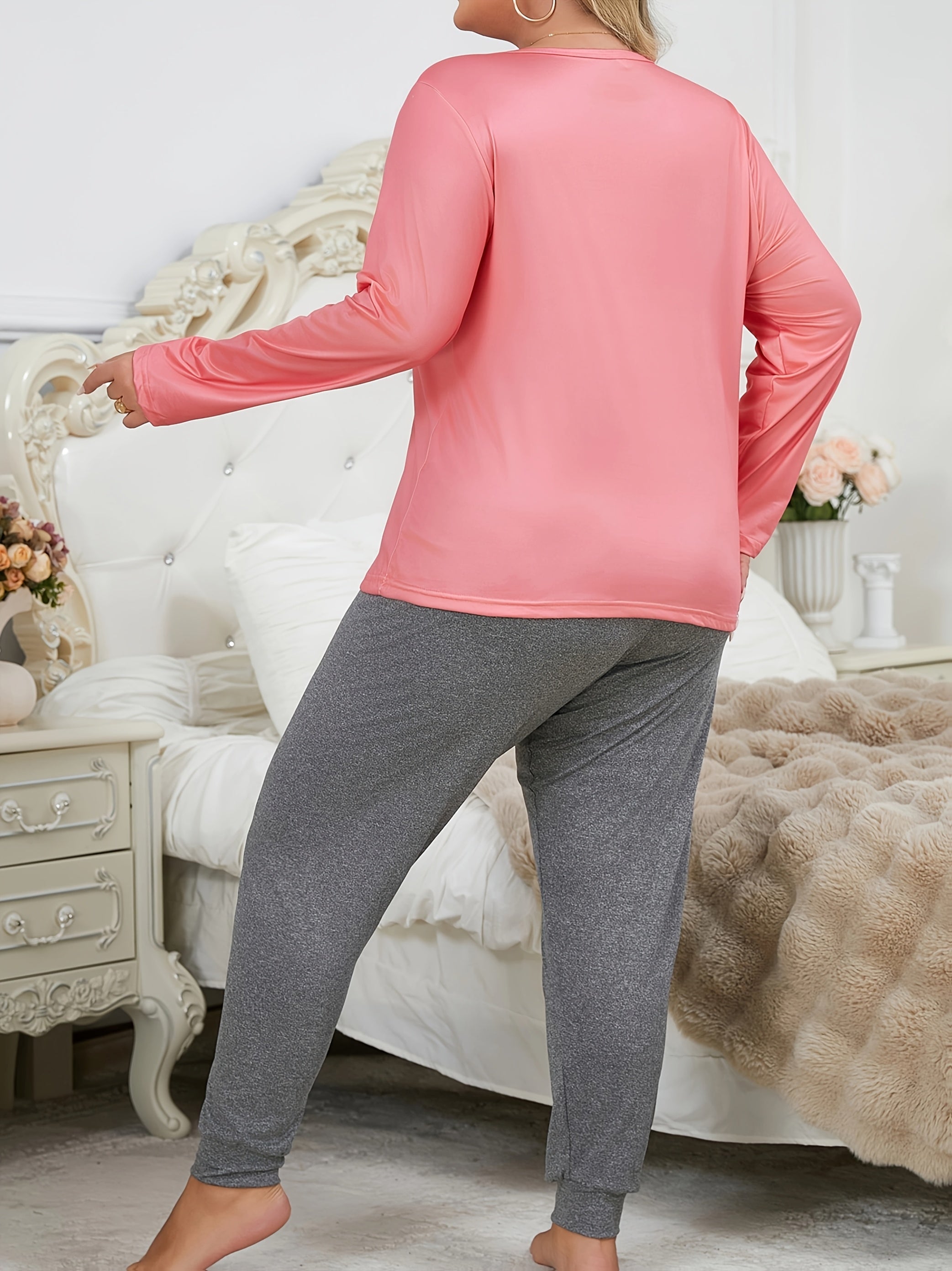 Plus Size Lounge Set Women Polyester Knit Long Sleeve Pajama Set