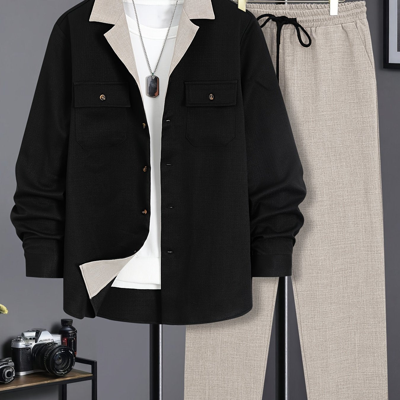 Men's Autumn Winter Long Sleeve Button Shirt and Casual Pants Set Polyester Solid Color Regular Fit