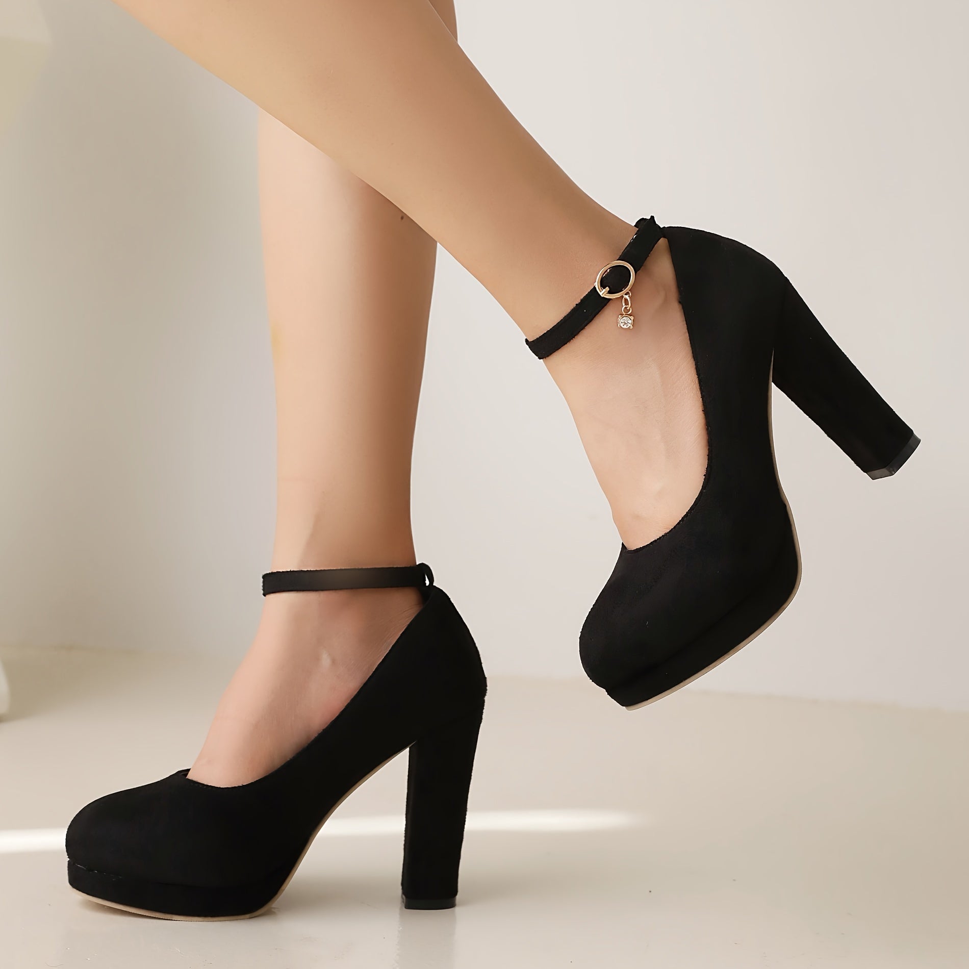 Women's Solid Color Elegant Pumps Shallow Mouth Ankle Strappy Buckle Chunky Heels