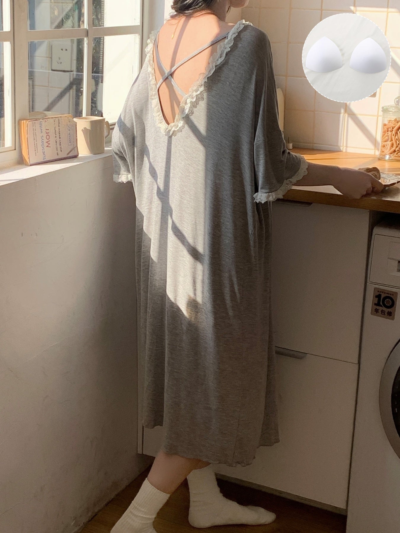 Women's Summer Sleep Dress with Built-in Bra Pads Lace Trim Nightgown